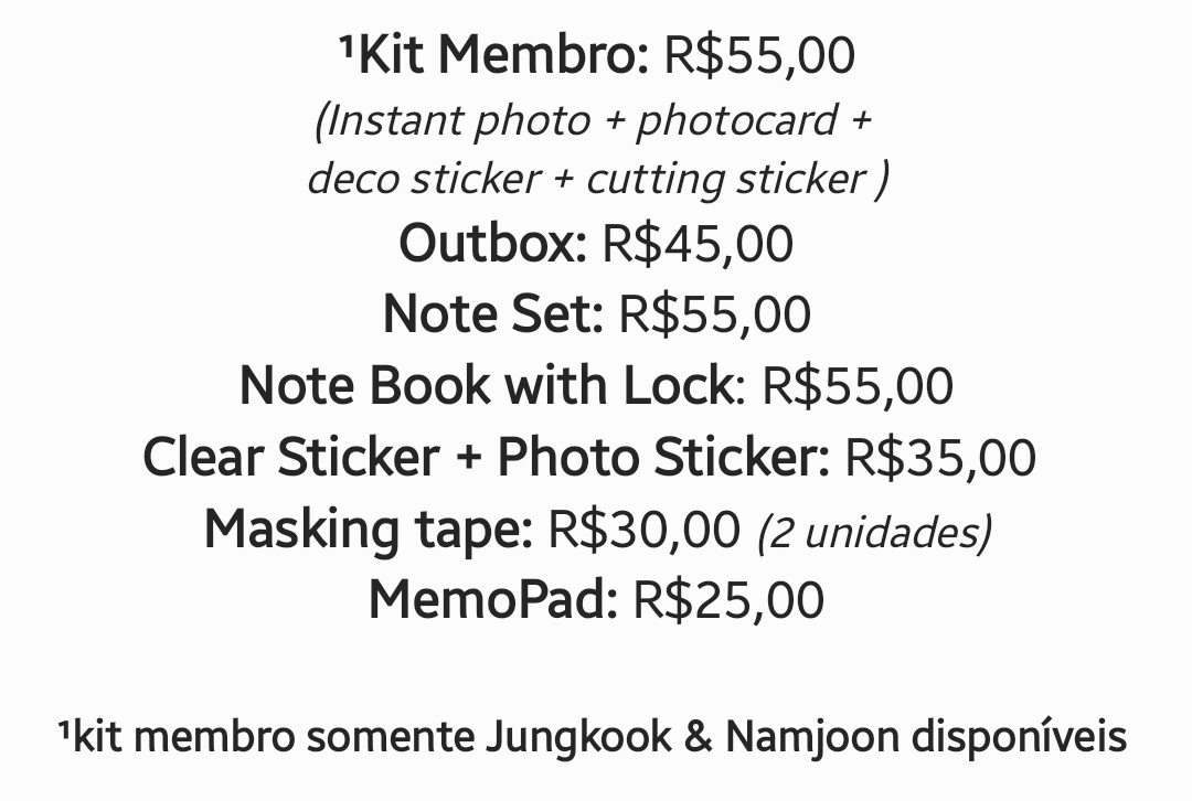 DESMEMBRADO ㅡ Deco Kit BTS

💵 R$25,00 à R$55,00
✈ Frete internacional incluso
⚠️ O Deco Kit só será garantido se vender a maioria dos itens
➡️ Photocard random será vendido após chegar para mim 

COMPRAS NA DM! 💙✨