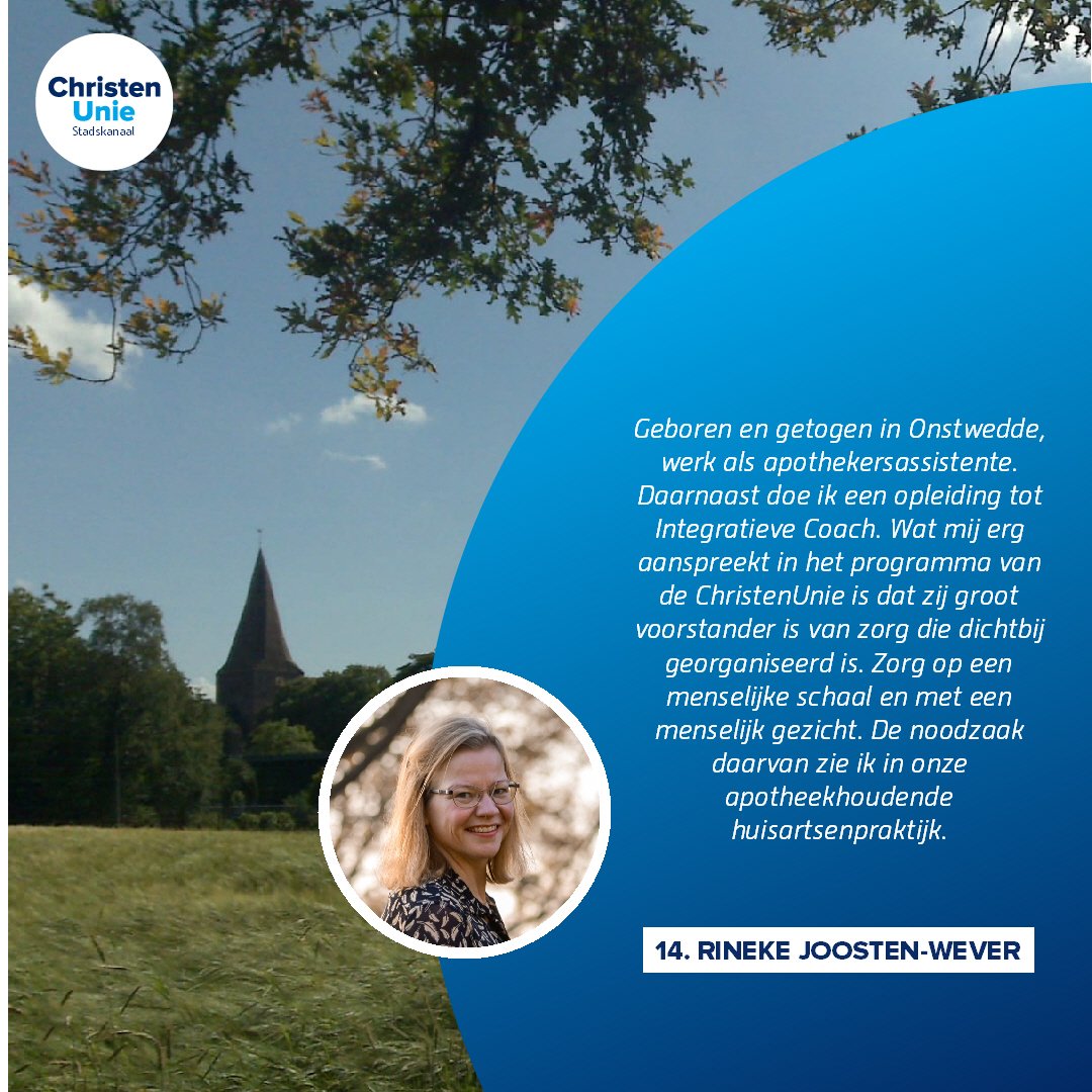 Vandaag stellen we weer een kandidaat voor de gemeenteraadsverkiezingen van 16 maart aan u voor, onze nummer 14: 

Rineke Joosten-Wever

<a href="/RinekeJoosten/">Rineke Joosten-Wever</a>
#GR22 #geefgeloofeenstem #geborenengetogen #Onstwedde #zorgdichtbij #apotheek #menselijkemaat  #SamenRechtDoen #16maart2022