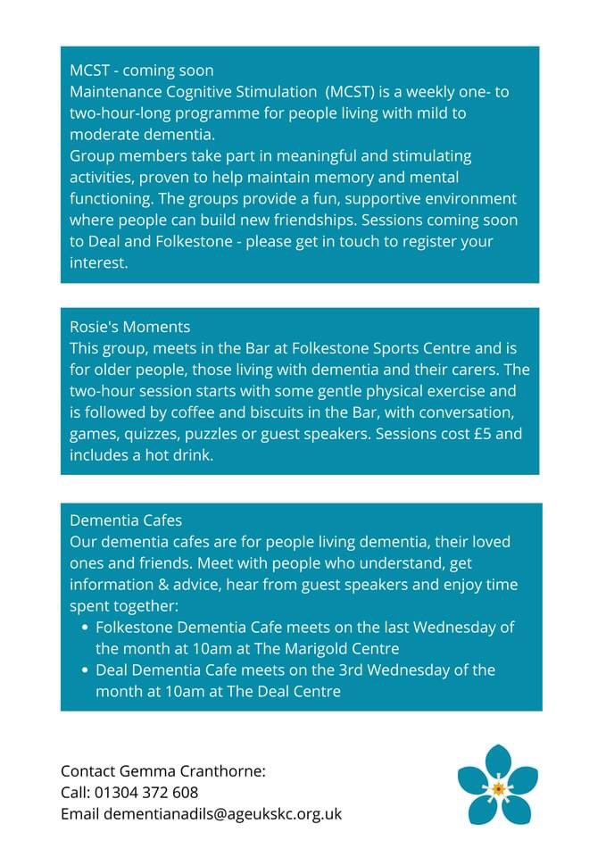 ageukskc's tweet photo. We offer a range of #dementia services across #deal #dover and #folkestone - contact Gemma, our Dementia Outreach worker for more info - details below 👇 https://t.co/E80lgatBXW