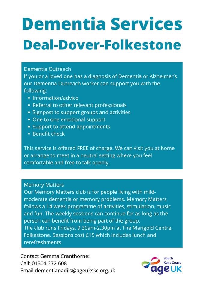 ageukskc's tweet photo. We offer a range of #dementia services across #deal #dover and #folkestone - contact Gemma, our Dementia Outreach worker for more info - details below 👇 https://t.co/E80lgatBXW