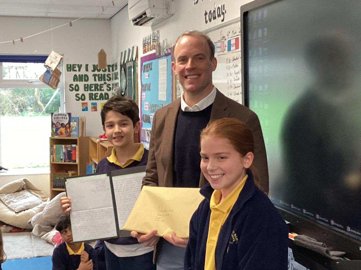 Y6ClimateLDSM's tweet photo. Year 6 really enjoyed their visit from the deputy prime minister @DominicRaab. We handed him our letters about the problem with plastic pollution and found out what our government are doing to tackle climate change. https://t.co/gEYC9RlhT7