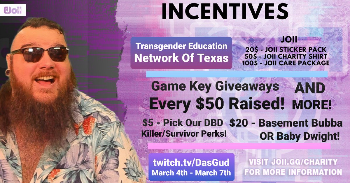 📢 I'm stoked to announce our first charity stream of the year!

This weekend @teamjoii is proud to be raising funds for <a href="/TransTexas/">TENT</a>, an organization dedicated to furthering gender diverse equality in Texas!

RTs/Hosts this weekend are greatly appreciated! 🙏💗🤟💙
