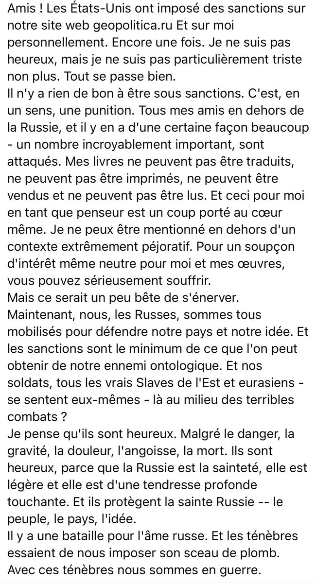 VincentCespedes's tweet photo. Alexandre #Douguine, doctrinaire heideggérien qui se vante de parler à l’oreille de #Poutine, écrit ce genre d’inepties néofascistes sur son facebook.
#SortirHeidegger #heidegger #nazisme https://t.co/tp4hJFAfv4