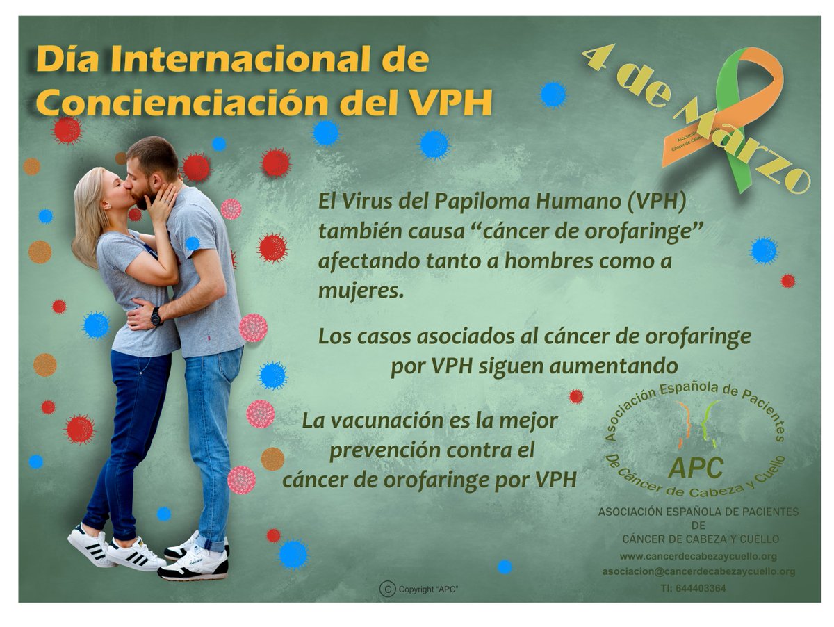 CancerCabezaAPC's tweet photo. Hoy es el Día Mundial de concienciación del Virus del Papiloma Humano (VPH). Virus causante del Cáncer de Cavidad Oral por VPH y que afecta tanto a hombres como a mujeres. La vacunación contra el #VPH es la mejor prevención del mismo https://t.co/eScndNpyij #CancerdeCabezayCuello https://t.co/oJuDplmkwO