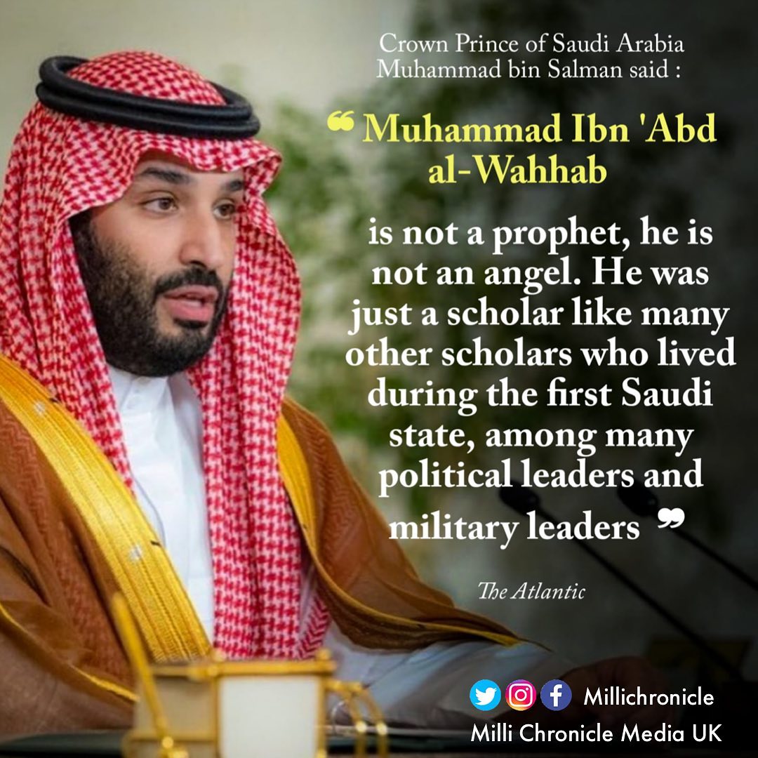 paulsarmstrong's tweet photo. Imam Mohammed Bin Abdulwahab was NOT an Angel or Prophet. He was just a scholar, said #MBS.

@millichronicle

#SaudiArabia #ModerateIslam #MuslimBrotherhood #Wahabism https://t.co/1Qi00v5OQz