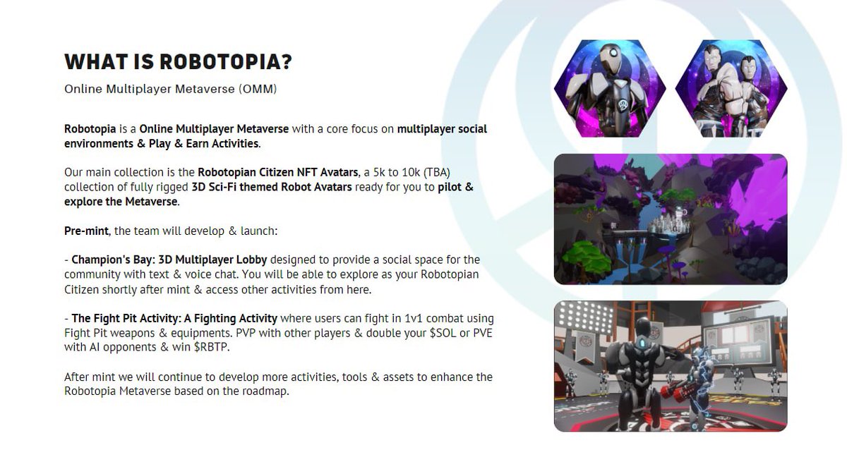 ProjectMPets's tweet photo. Another explainer to dive even deeper into what is Robotopia #Metaverse .

This is taken from our new Whitepaper that we will be releasing this weekend in preparation for Whitelist.

Join our discord to find out more!

#solana #NFTs #NFTCommunity #NFTGame #NFT https://t.co/nBb25Gojfd