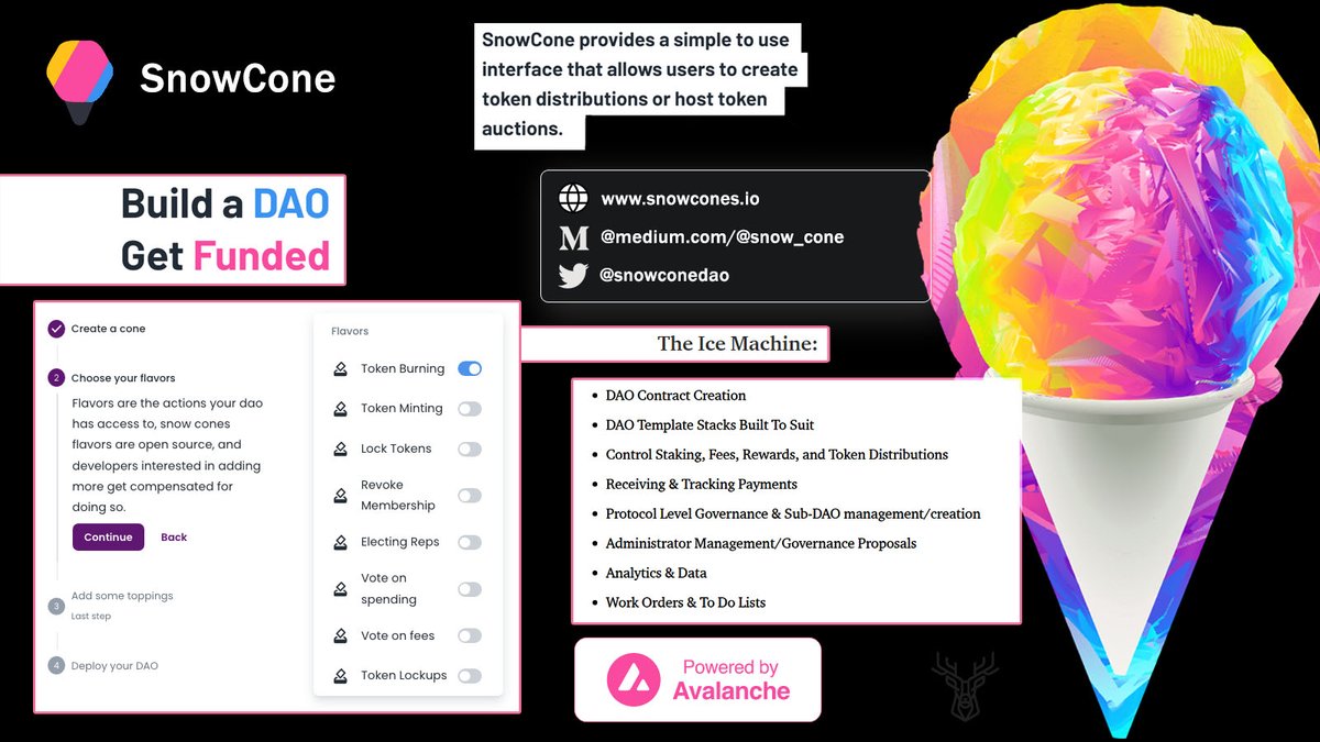 Avalanche_DeFi's tweet photo. 🧵Avez vous déjà entendu parler de @SnowConeDAO  ? 🍧
#SnowCone souhaite apporter aux #DAO ce que Shopify a apporté au eCommerce.
Que vous soyez expert ou débutant, vous allez bientôt pourvoir déployer facilement votre propre DAO sur #Avalanche . =>
1/10 https://t.co/TpBzAUFTzk