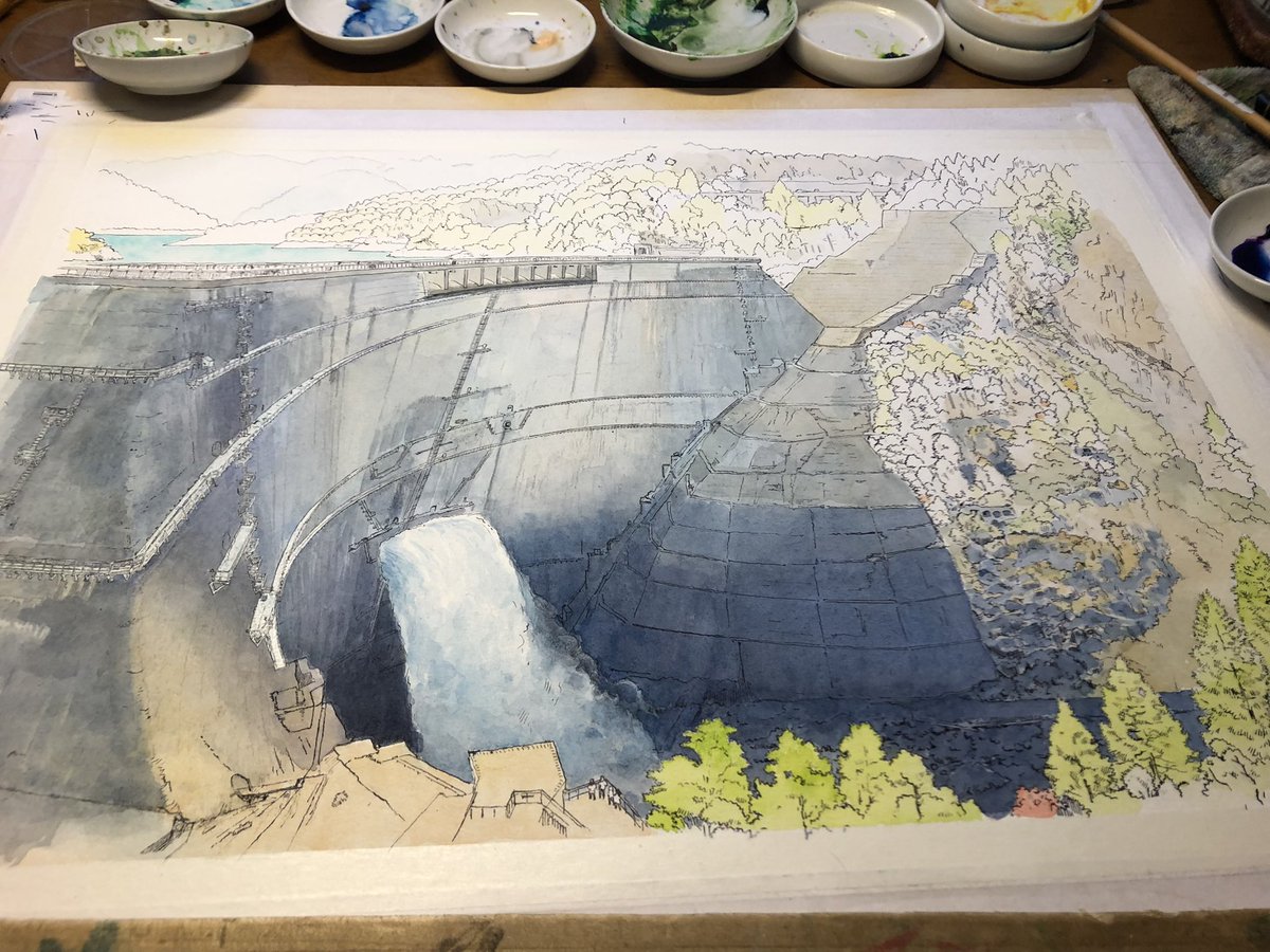 巨大黒部ダムもハシゴは人間サイズでした。画材は透明水彩なので、白く