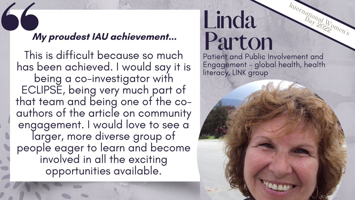 Linda Parton has devoted countless hours to supporting the @GlobalHealthKU work @SoM_Research, and #knowledgemobilisation activities in the @KeelePPIE LINK group.

@LindaParton17 
#InternationalWomensDay2022 #BreakTheBias #Engagement
@ECLIPSE_Keele