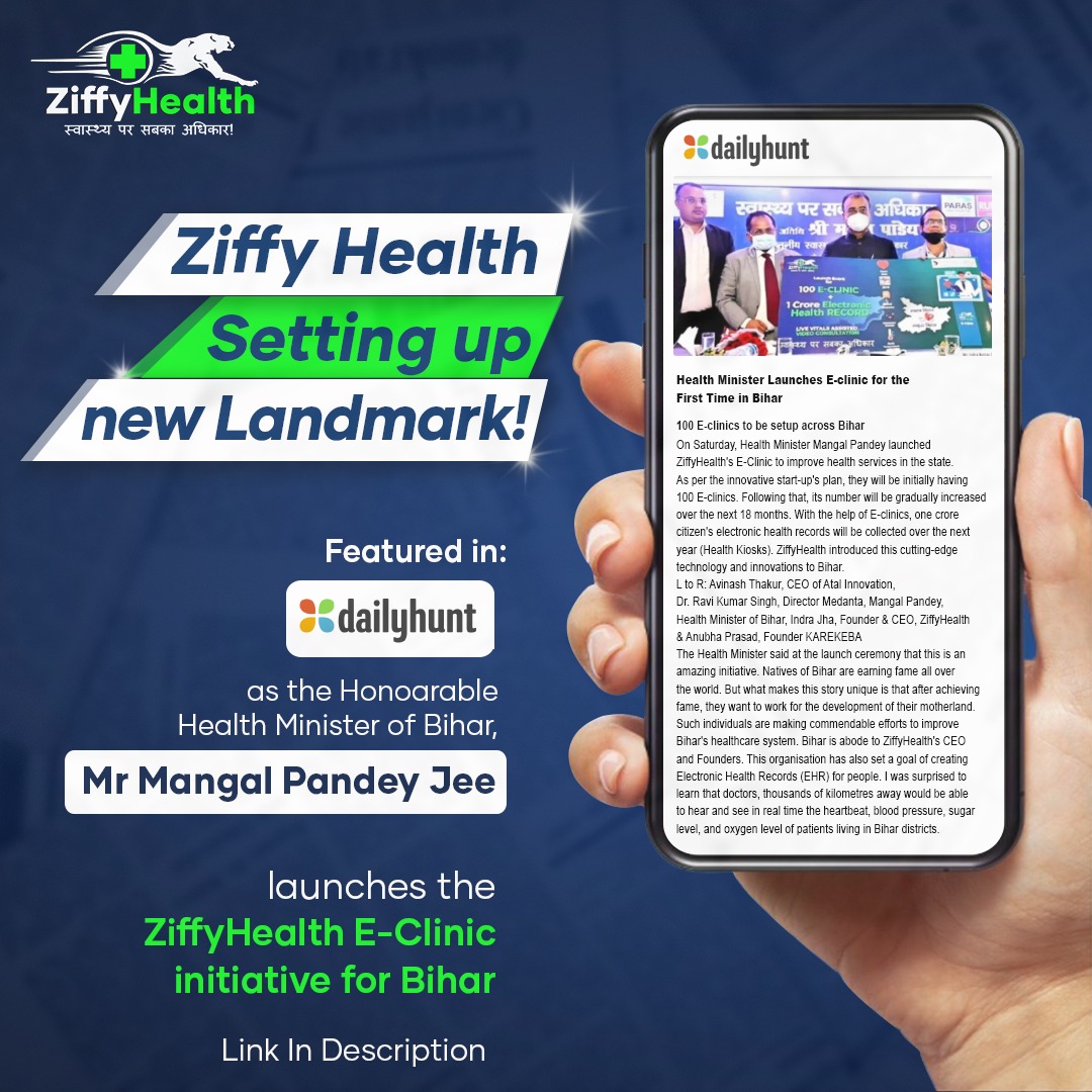 Ziffy_support's tweet photo. Ziffy Health Setting up the landmark ! We are in the news again !  ZiffyHealth featured in Dailyhunt, for launching 100 E-Clinics in Bihar.

#ZiffyHealth #Healthandwellness #pressrelase #govermentofbihar #minister #events #newsfeature #healthstartup #ruraldevelopment #dailyhunt https://t.co/7qVtFOlwih