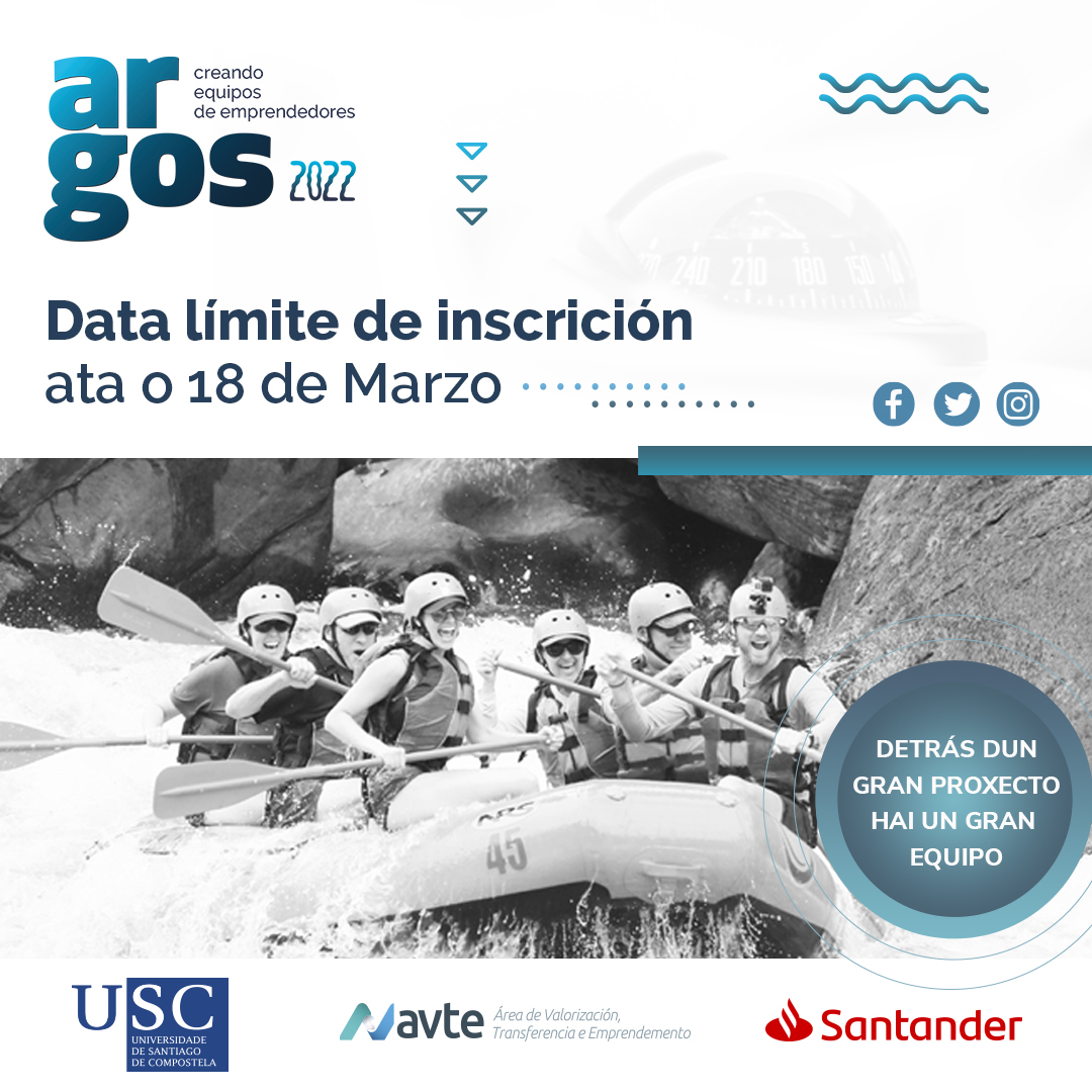 #ARGOS 2022. Programa de #emprendemento que busca construír proxectos de negocio innovadores a partir de resultados de #investigación 
Dirixido a #alumnado e persoas #egresadas da <a href="/UniversidadeUSC/">USC</a> 
Prazo de inscrición: 18/03/22
Máis información: bit.ly/3hF8vPm
<a href="/avte_usc/">AvteUSC</a>