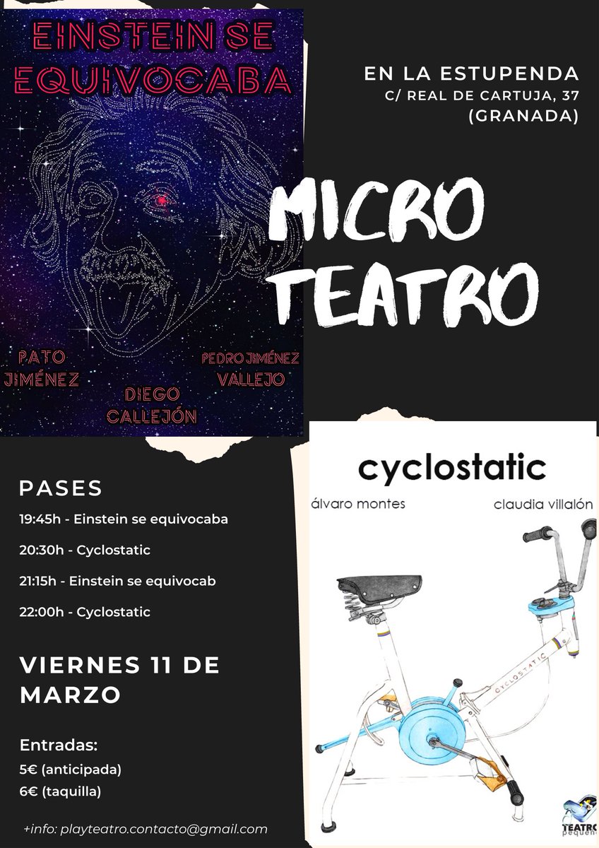 MICROTEATRO EN LA ESTUPENDA! #Granada

El próximo viernes 11 de febrero, varios pases desde las 7 hasta las 10 de la noche. ¡Elige el que mejor te venga! 

Cada obra tiene una duración de unos 20 minutos. 

Compra tus entradas: entradium.com/events/playtea…