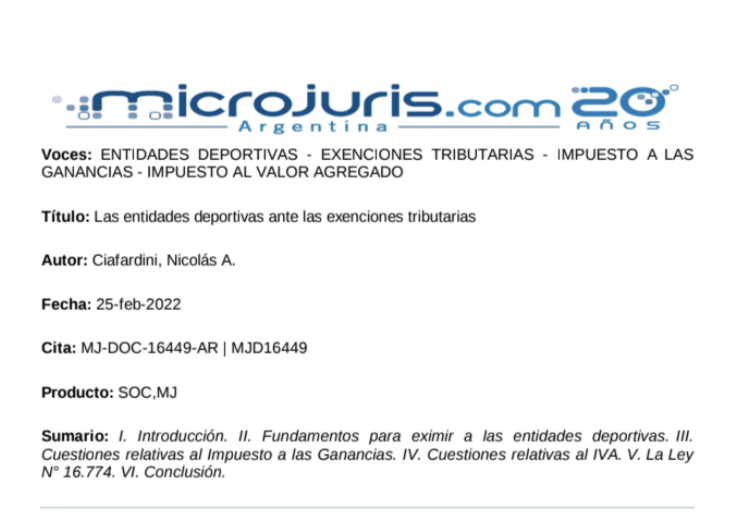 puglieseb's tweet photo. Salió publicado el artículo "Las entidades deportivas ante las exenciones tributarias" de @nicociafa82 que será parte de la próxima edición de la Revista de Derecho del Deporte en @microjurisar. https://t.co/UnaLtinvb6