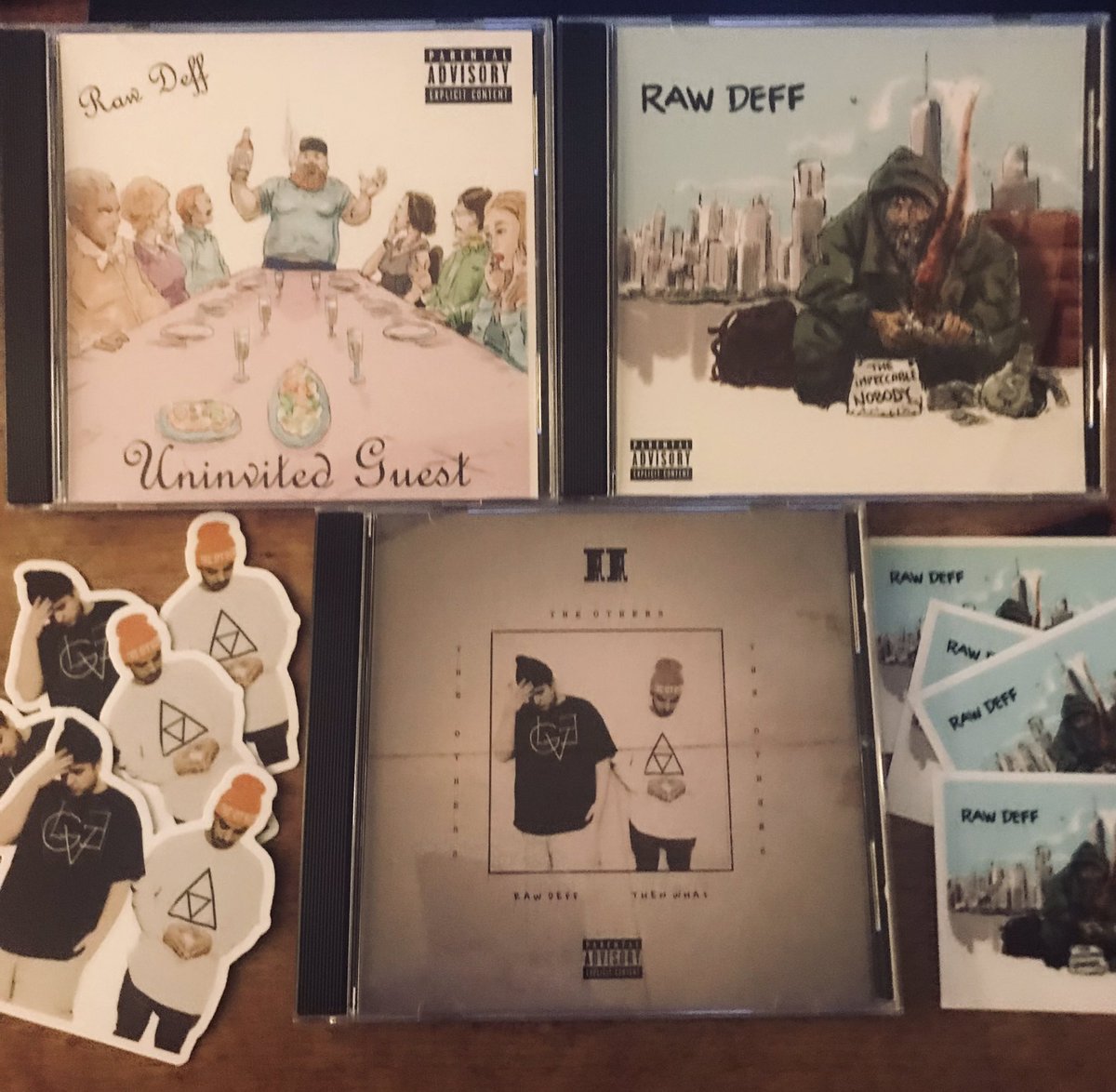 officialrawdeff's tweet photo. Hard copies on deck. CDs of my previous 2 releases (Uninvited Guest and The Impeccable Nobody) and my most recent release The Others 2. $10 each or 2 for $18 (including shipping). Ships out ASAP. Message me directly or order via https://t.co/jQTFu7wiVE https://t.co/UeV3Q4ze0b https://t.co/PsOb7DQk6J