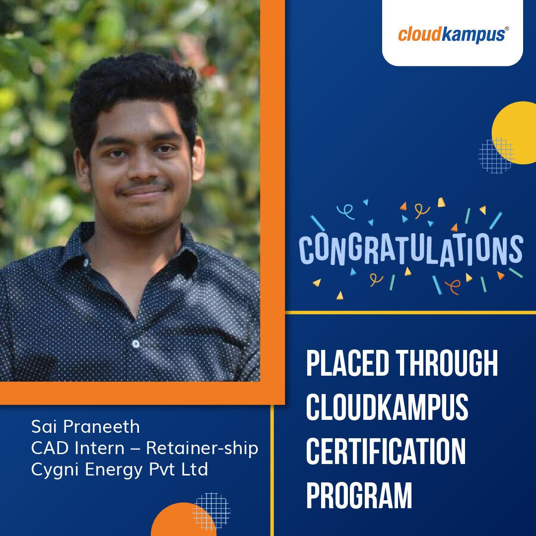 cloudkampus1's tweet image. Sai Praneeth who enrolled for Certified #DesignEngineer #Automobilecourse at #Cloudkampus has earned his placement as #CAD intern - Retainer-ship at #CygniEnergy through our #certificationprogram. bit.ly/3hFHqeK