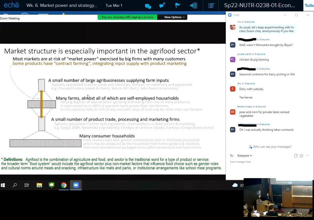 wamasters's tweet photo. Something new in my #FoodEcon teaching is real-time zoom chat in the classroom. Students in the room can type instead of raising hands to talk, and do so anonymously if they want. Online students too. Here's a screenshot from Echo360 of what in-room and online students both see: https://t.co/jBCb8Yww7E
