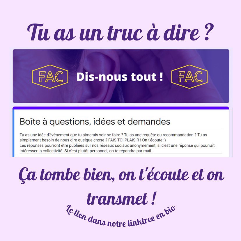 Rendez-vous dans notre bio pour accéder à notre Linktree 🥰

La représentation étudiante est une de nos missions,  on est donc toujours à l’écoute 👂🏼
C’est un moyen de te faire entendre simplement ☺️