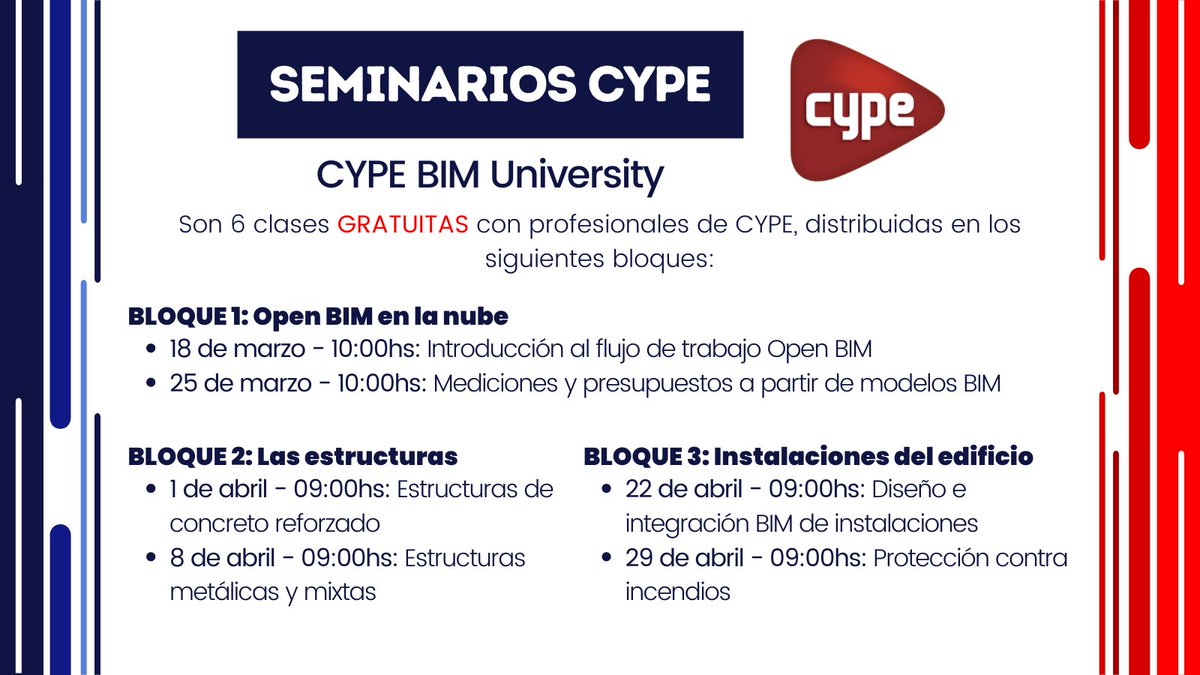 Están invitados a participar de estas 6 clases TOTALMENTE GRATUITAS! 🥳🥳🥳
La inscripción se realiza para cada clase, ingresando al siguiente link: events.cype.com/es/lp/cype-bim…