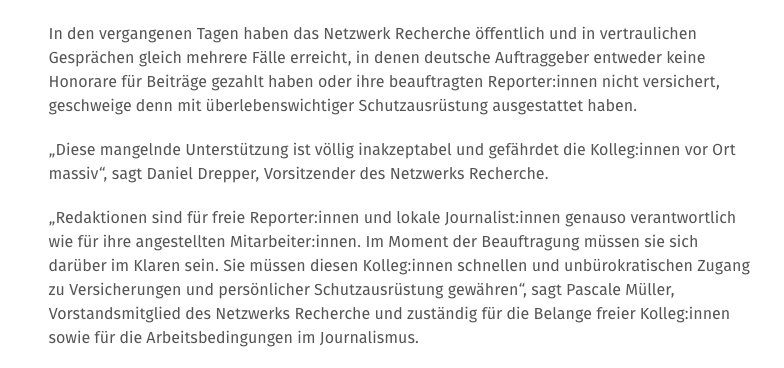 Keine Honorare, keine Versicherung, keine Schutzausrüstung für freie Reporter:innen in der Ukraine: Uns erreichten mehrere Fälle, in denen deutsche Auftraggeber ihrer Verantwortung nicht gerecht werden. Dringender Appell von @danieldrepper &amp; <a href="/PascaleMller/">Pascale Müller</a>: netzwerkrecherche.org/blog/freie-rep…