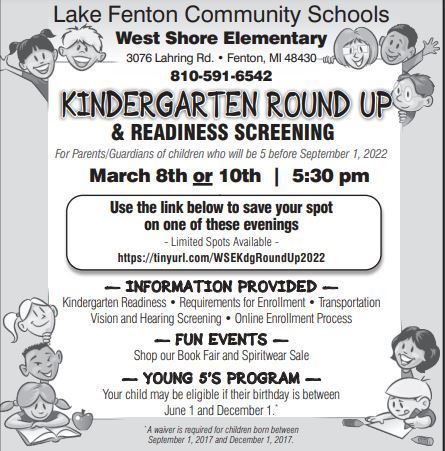 LakeFentonWSES's tweet photo. Kindergarten Round Up is right around the corner!! All future Kindergartener's should attend on one of these dates. Use the link below to sign up!! #LFleads

https://t.co/GaJMnNl24w https://t.co/aEfo0cgvHh
