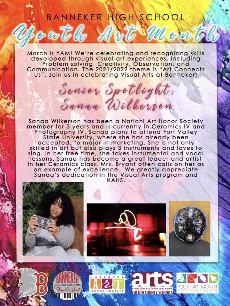 LetsGoghSkeete's tweet photo. Our Visual Arts Department Youth Art Month flyer and our first Senior Spotlight of the Month: Sanaa Wilkerson @BannekerFAD @Banneker_HS @ArtsFCS #FultonArtStrong 💜❤️💙 https://t.co/Oi3FZ7nCSo