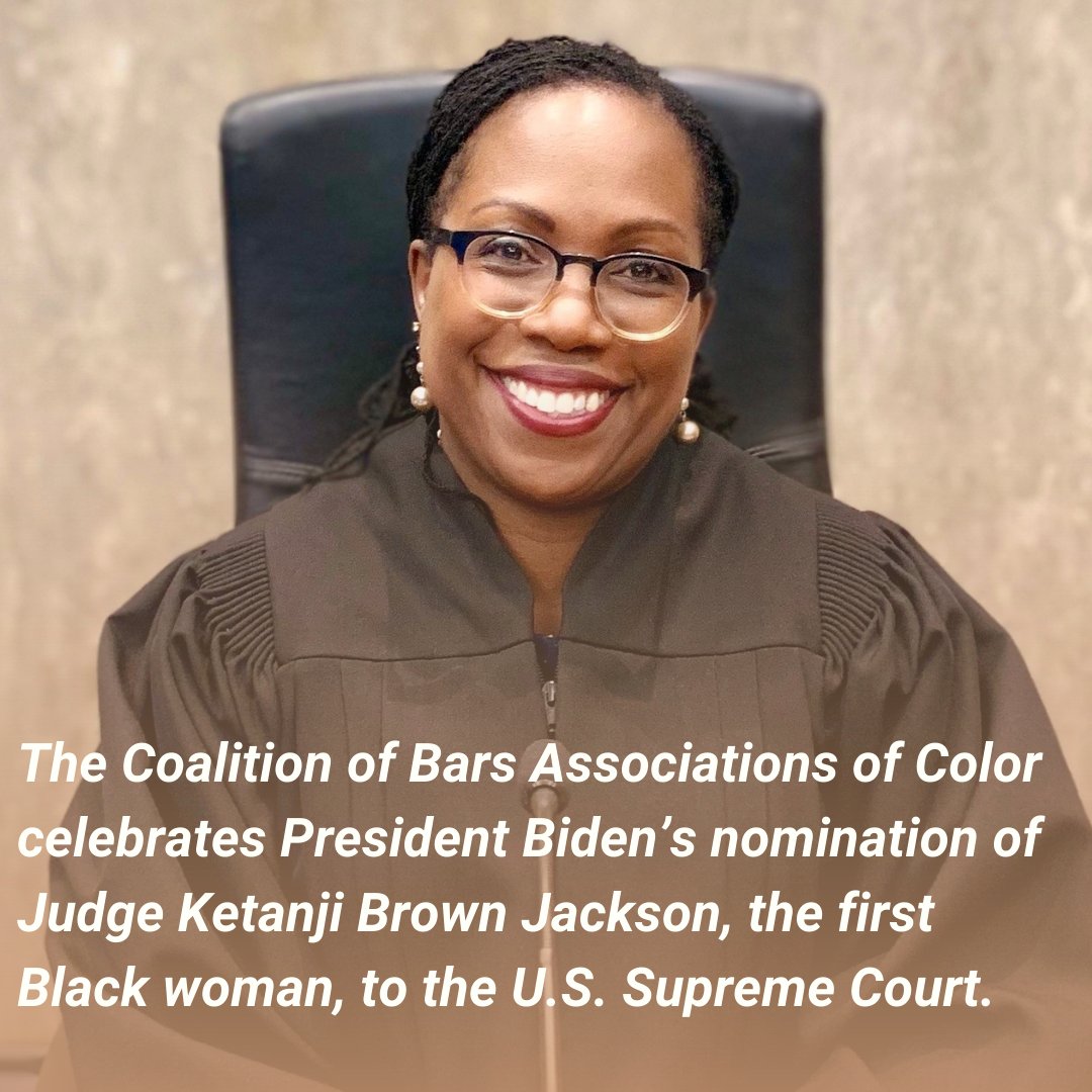 The Coalition of Bars Associations of Color celebrates President Biden’s nomination of Ketanji Brown Jackson. NAPABA, <a href="/HNBANews/">Hispanic Nat'l Bar</a>, <a href="/nationalbar/">National Bar Assoc.</a>, <a href="/NationalNABA/">National NABA</a>, <a href="/SABALegal/">SABA North America</a> stand together in calling for a judiciary that reflects the diversity of our nation. buff.ly/35yGxCh