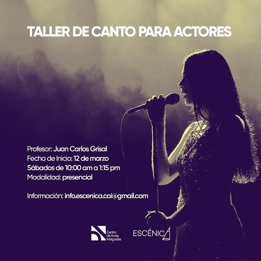 ¡Taller de canto para actores! 🎤🎭

Modalidad presencial, cupos limitados. Iniciará el sábado 12 de marzo. Los días sábados de 10:00 AM a 1:15 PM. Garantizando el cumplimiento de todas las medidas de bioseguridad.

Más información: info.escenica.cai@gmail.com