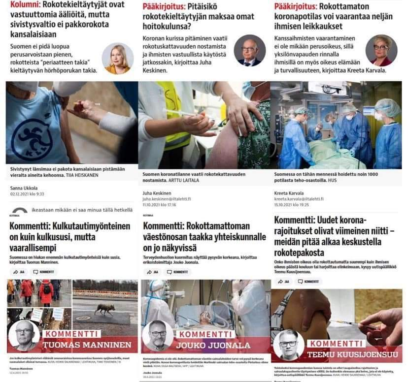 JasonLepojarvi's tweet photo. Tässä vain muutama @iltalehti_fi lukuisista pääkirjoituksista ja kolumneista, joilla sekin viikkotolkulla osallistui rokottamattomien stigmatisointitalkoisiin. 

Olisiko nyt hyvä hetki pyytää anteeksi? https://t.co/CErKEOPFrV