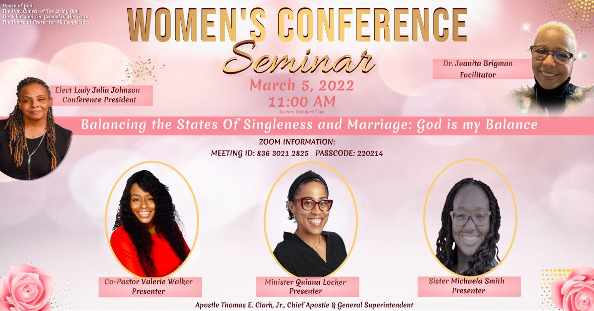 Houseofgodinc's tweet photo. Women’s Seminar. 3/5 11:00am-12:30pm EST via ZOOM.

2022 International Women’s Conference
President: Minister Julia Johnson

🔵To contribute financially:
✅ CASH APP - $House866 
✅ PayPal - finance@houseofgod.org
✅ Venmo - @HouseOfGodInc
✅ Zelle - finance@houseofgod.org https://t.co/wcvIm0ML0n