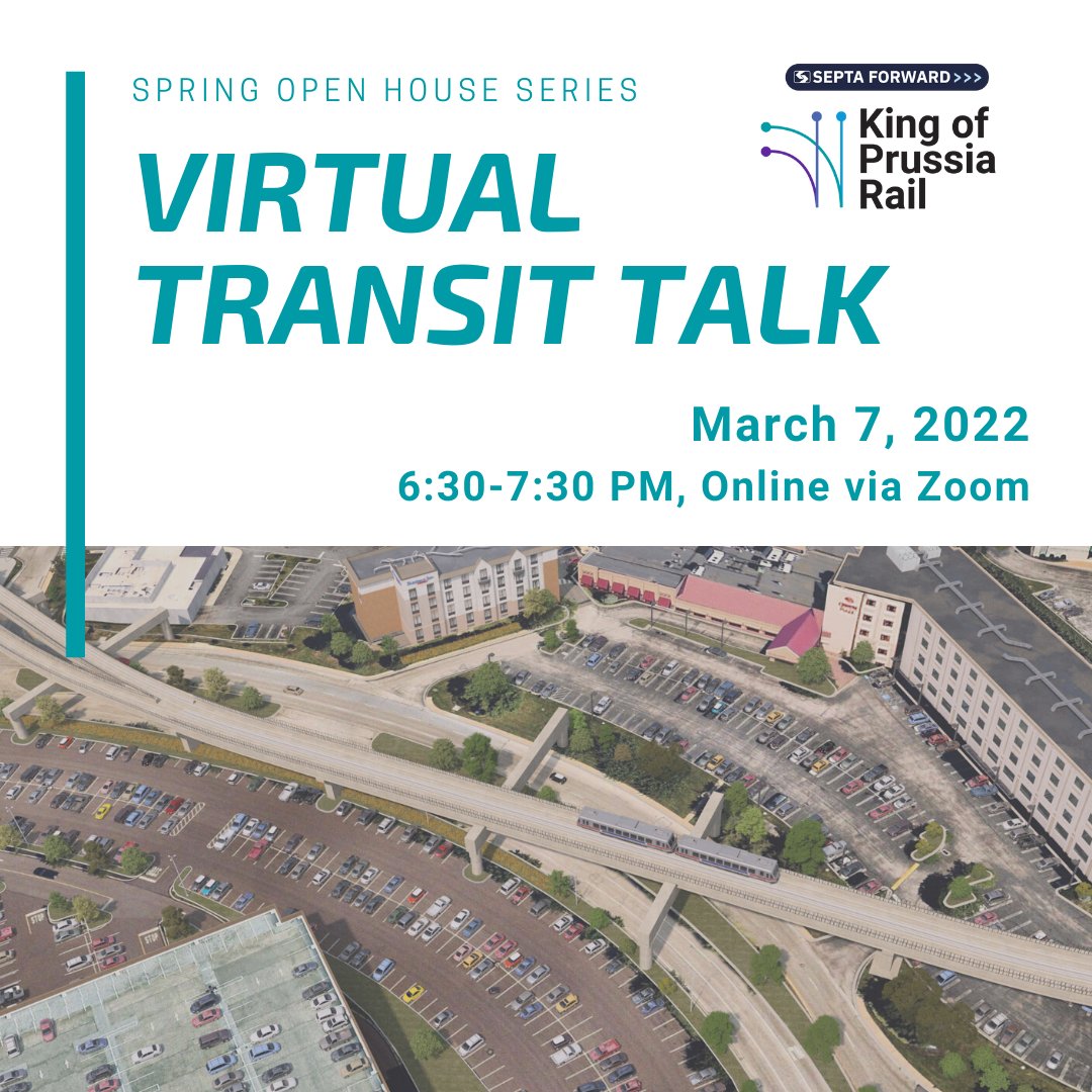 KOPRail's tweet photo. Join us! SEPTA is holding a Virtual Transit Talk on March 7 to collect input on future connections around the #KOPRail stations and nearby destinations. Register here 👉 https://t.co/nStn5S0jA3 https://t.co/eqPNbVcUGg