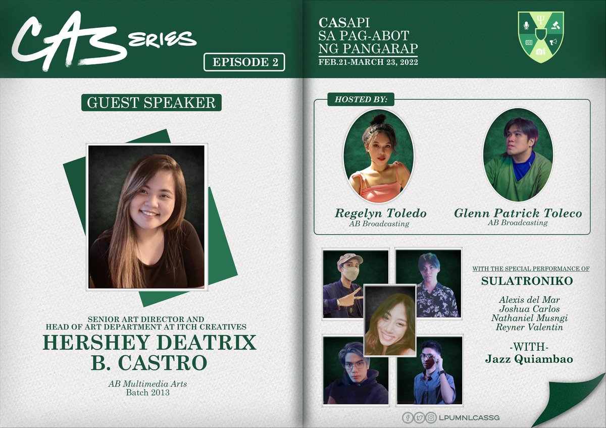 Wassup CASMATES? 
For the Second Episode of CASeries: CASapi sa Pag-abot ng Pangarap, we will be having Ms. Hershey Deatrix B. Castro, the Millenial Professional of CAS. 

2nd episode of CASeries podcast is now out on our FB Page💚