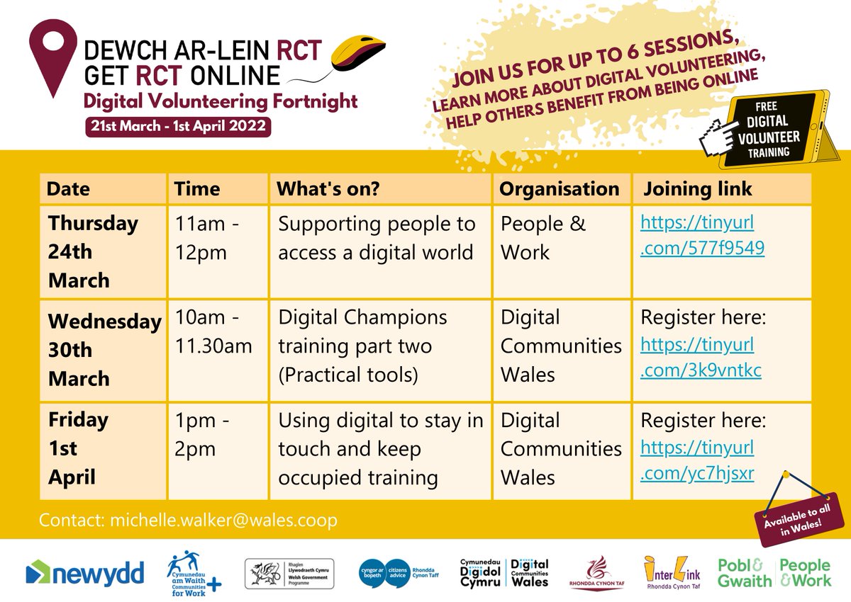 People&Work (@poblgwaith) on Twitter photo We'll be hosting a talk for Get RCT Online digital Volunteering fortnight on the 24th of March. If you're interested in becoming a digital volunteer or would like to help others improve their digital skills please join in on the sessions available! <a href="/DC_Wales/">Digital Communities Wales</a> We'll be hosting a talk for Get RCT Online digital Volunteering fortnight on the 24th of March. If you're interested in becoming a digital volunteer or would like to help others improve their digital skills please join in on the sessions available! <a href="/DC_Wales/">Digital Communities Wales</a>