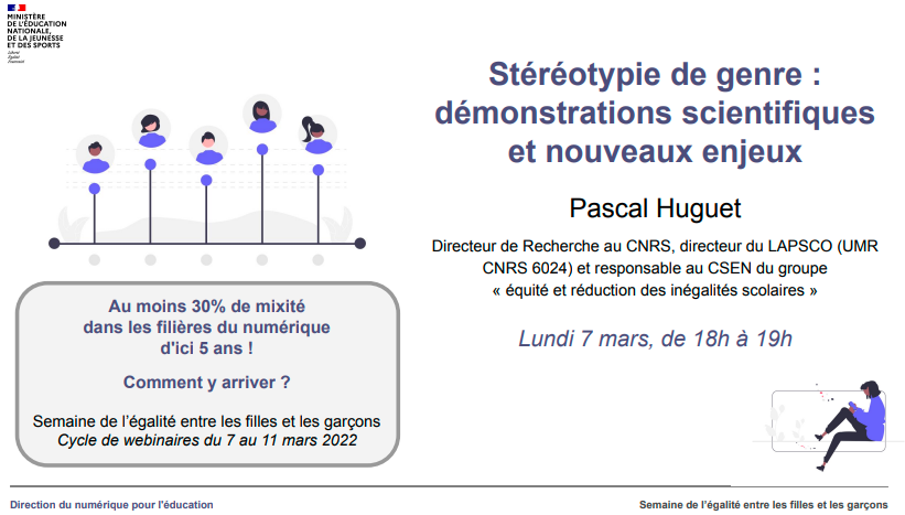 Edu_Num's tweet photo. 🔔Ne ratez pas aujourd'hui de 18H à 19H notre #Webinaire sur l'#ÉgalitéFillesGarçons
☑ Stéréotypie de Genre : Démonstrations scientifiques et nouveaux enjeux.
avec #PascalHuguet - @CNRS @lapscolab
👉https://t.co/tonFISMN6Y
#PoweredByDNE
Cc @audranlebaron @framaka https://t.co/zaCvHm5ip9