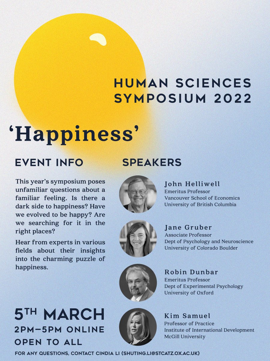 Join us for our 2022 Symposium tomorrow at 2pm on Teams when the concept of Happiness will be discussed from a variety of disciplinary perspectives by our brilliant line-up of speakers: Robin Dunbar, <a href="/junegruber/">Dr. June Gruber</a>, John Helliwell and Kim Samuel: bit.ly/3Mgn0ai