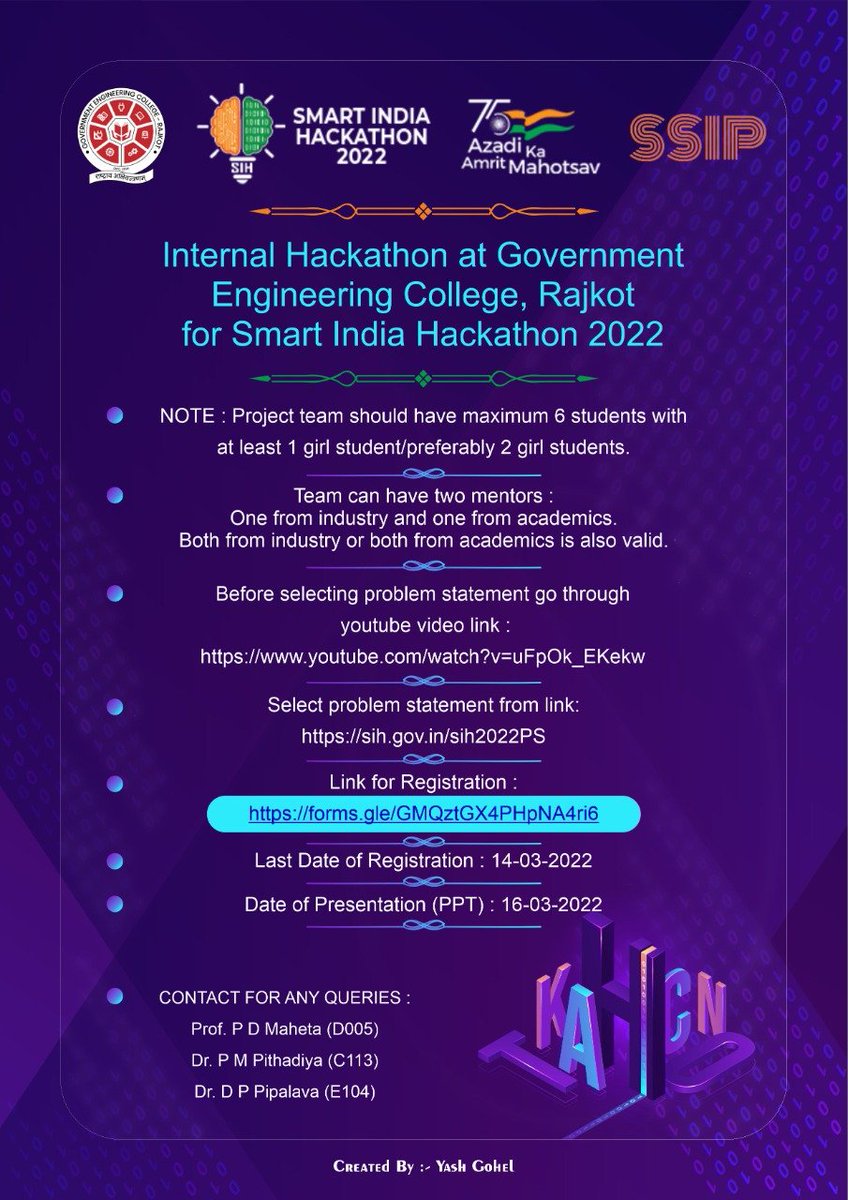 GecRajkot2004's tweet photo. @mhrd_innovation 

#sih2022 
#smartindiahackathon2022 
#gecr
#gecrajkot
#gecrevent https://t.co/76j8G8Dbp1