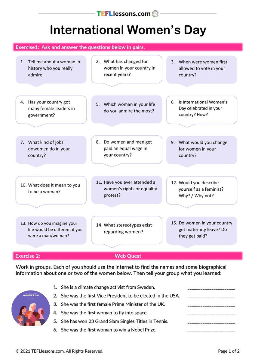TEFL_Lessons's tweet photo. FREE International Womenโs Day Speaking Task & Web Quest: https://t.co/CwFiNHlEF5
#conversationtopics #esldiscussions #eslinternationalwomensday #internationalwomensday #womensday https://t.co/BWLcm58KA4