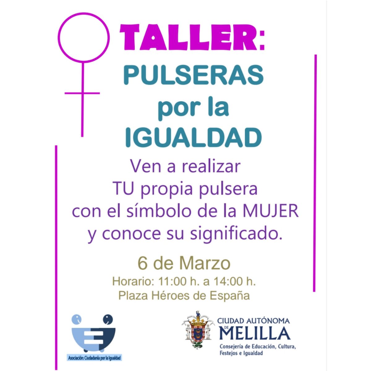 igualdadmelilla's tweet photo. Este domingo, dentro de las actividades programadas por el #DíaInternacionaldelaMujer, la Asociación Tripleta y la Asociación Ciudadanía por la Igualdad presentaran distintos talleres en la Pz. Héroes de España.
#igualdad #talleres #Melilla @l_Circe https://t.co/AwIcSofKtN