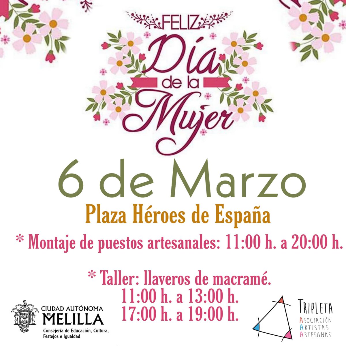 igualdadmelilla's tweet photo. Este domingo, dentro de las actividades programadas por el #DíaInternacionaldelaMujer, la Asociación Tripleta y la Asociación Ciudadanía por la Igualdad presentaran distintos talleres en la Pz. Héroes de España.
#igualdad #talleres #Melilla @l_Circe https://t.co/AwIcSofKtN