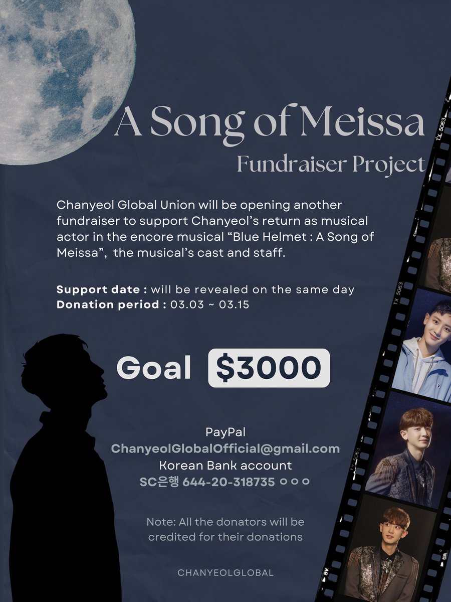 studioloey_peru's tweet photo. 𝘼 𝙎𝙤𝙣𝙜 𝙤𝙛 𝙈𝙚𝙞𝙨𝙨𝙖: Proyecto de apoyo

Chanyeol Global abrió una recaudación de fondos para enviar apoyo a #CHANYEOL, quien protagonizará el musical militar “Blue Helmet: A song of Meissa” y para el staff.

 🎯: $3000

¡más detalles! 👇

 #찬열 https://t.co/1TaSgDxBiF