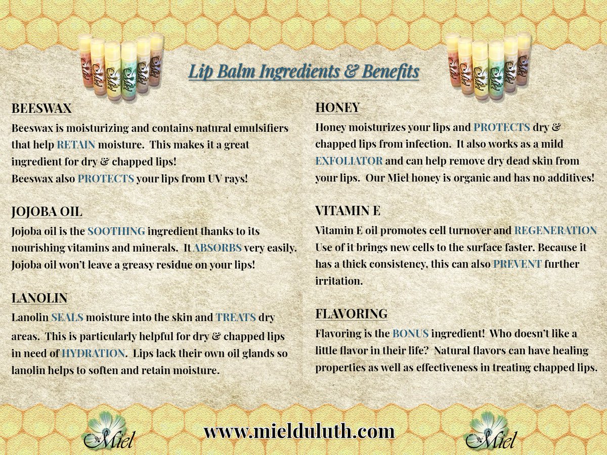 MielDuluth's tweet photo. Want to learn more about lip balm benefits?  Read below!  Our lip balms are all natural and moisturizing!  https://t.co/EC0Ty2wsgq https://t.co/DYv4azECc7