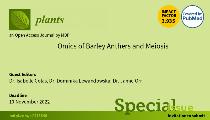 DominikaLewan12's tweet photo. Is your research focused on barley anther development and meiosis? @IsabelleColasD, @BioJNO and I are hosting the special issue of Plants on "Omics of Barley Anthers and Meiosis”. Please, get in touch if you want to contribute to this topic collection! 
https://t.co/vzIxJAFvBn https://t.co/b0MJiQn9l8