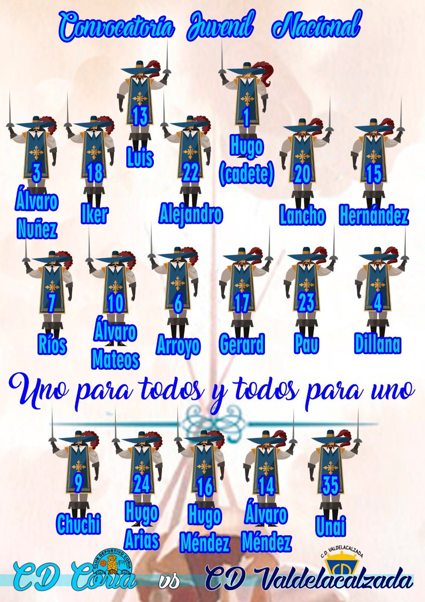 Esta es la convocatoria para este Sábado frente al <a href="/CDValdelacalzad/">CD VALDELACALZADA</a> por parte del mister <a href="/juancarcoria19/">juancarlos coria</a> 
de la mano de <a href="/CORIADEPORTIVA/">CORIA DEPORTIVA</a> 🙌🏼💙