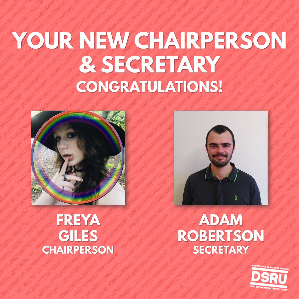 dsrudundee's tweet photo. 🗳️ELECTED🗳️ Congratulations to Freya Giles, who was elected as DSRU's new Chairperson on Wednesday, and Adam Robertson who was also elected as secretary! https://t.co/uusu14CTNj