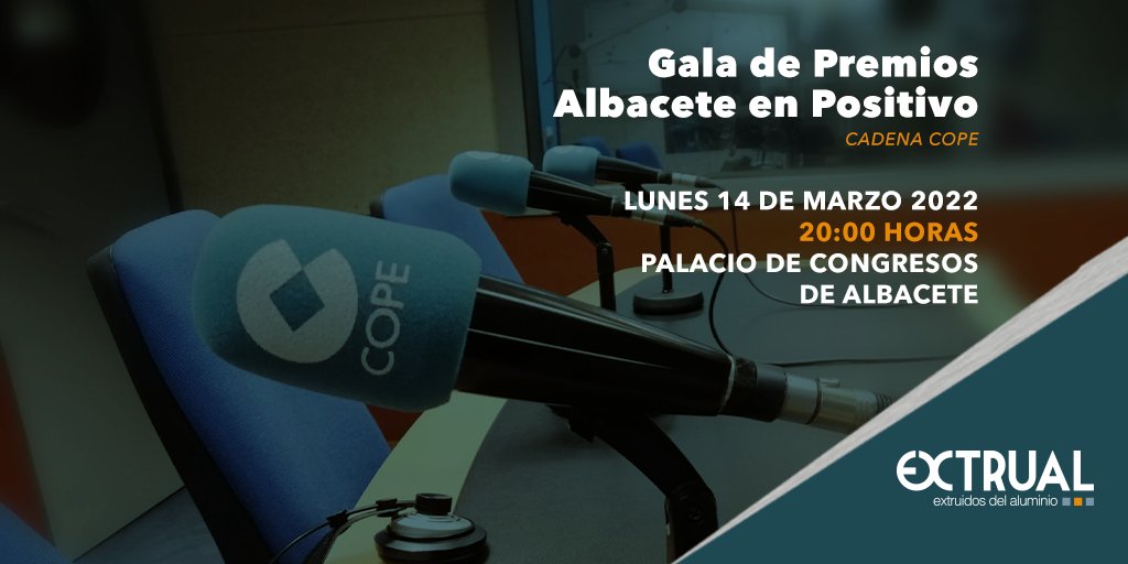 El próximo 14 de marzo en el Palacio de Congresos de #Albacete, tendrá lugar la Gala de premios COPE "Albacete en Positivo". 

Para #Extrual es un honor formar parte de este tipo de eventos para reconocer la labor de particulares y empresas para hacer de Albacete un lugar mejor.