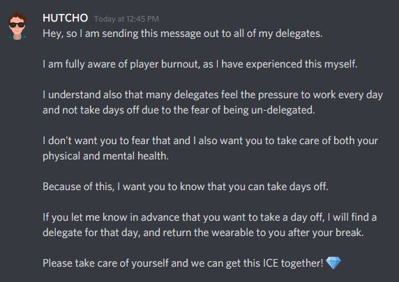 This one is for all the <a href="/DecentralGames/">Decentral Games</a> $ICE poker wearable owners.

Player burnout is very real and we need to take care of our delegates.

Not only will this help improve performance in the long run, but looking out for each other is also a bonus.

👇