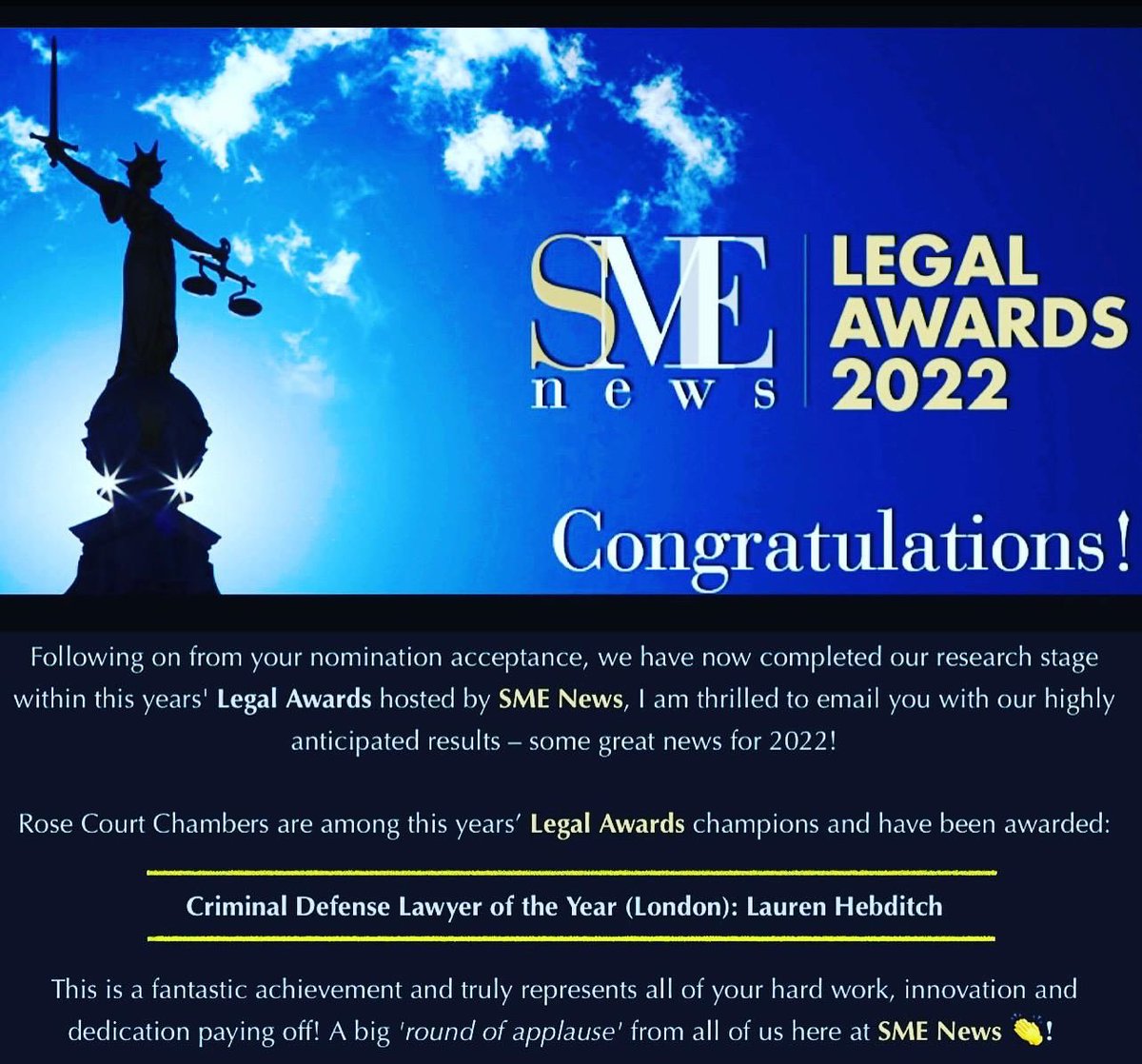 RoseCourtLaw's tweet photo. A first award for #RoseCourtChambers! π₯³
We are thrilled to announce that our very own Lauren Hebditch has won the 2022 #SMENews Legal Award for Criminal Defence Lawyer of the Year!
This is richly deserved and we couldnβt be prouder of what she has achieved. π https://t.co/xNkQuZ8gjd