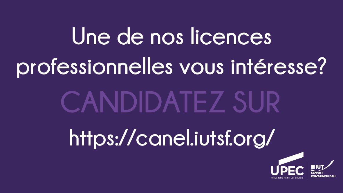 [📢 JPO : BAC+3 📢]
Vous êtes étudiant.e diplômé.e d’un Bac+2 et êtes à la recherche d’une Licence Professionnelle ? Découvrez et candidatez pour nos Licences professionnelles sur notre plateforme dédiée, CANEL.

Plateforme : canel.iutsf.org
