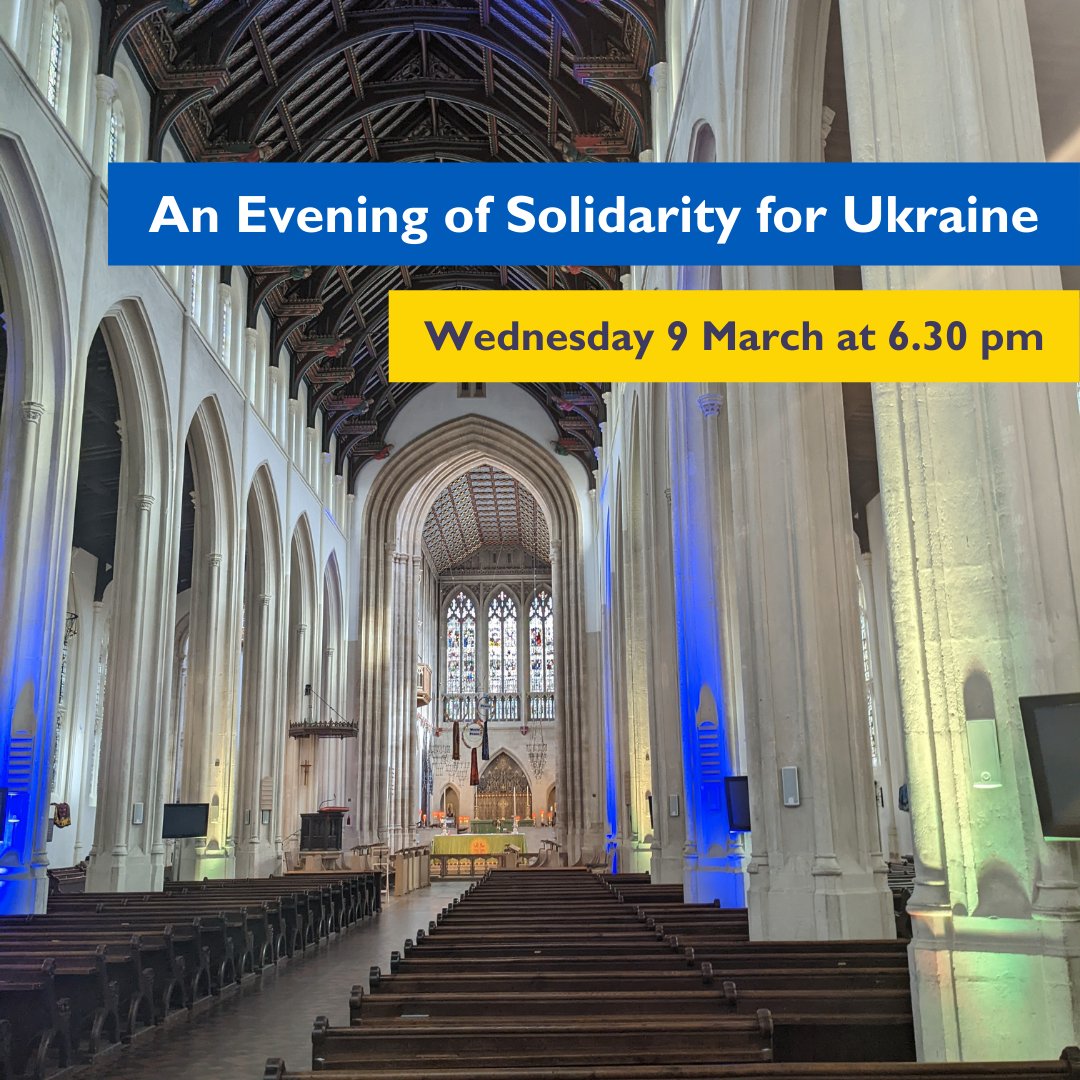 Join us Wednesday 9 March at 6.30 pm for An Evening of Solidarity for Ukraine. Alongside prayers and poetry, members of the Cathedral Choirs will be joined by Players from <a href="/SuffolkPhil/">Suffolk Philharmonic</a>, <a href="/BuryBachChoir/">Bury Bach Choir</a> and the Connaught Brass at <a href="/BrittenPears/">Britten Pears Arts</a>, Snape Maltings...