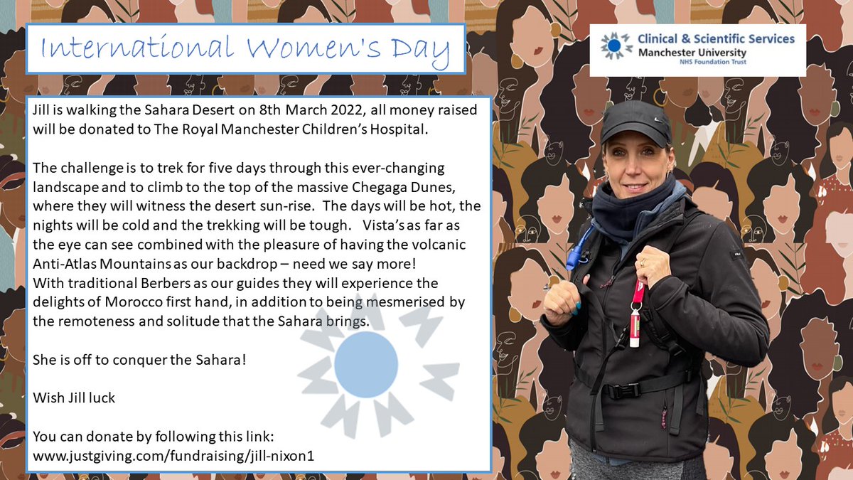 MFT_Imaging's tweet photo. A bit early for #InternationalWomensDay2022 but letting you know about our inspirational ops manager.
Jill is walking the Sahara Desert on 8th March 2022, all money raised to The Royal Manchester Children’s Hospital.
You can donate by following this link:
https://t.co/w6Git9jGCE https://t.co/fO4tknpT4W