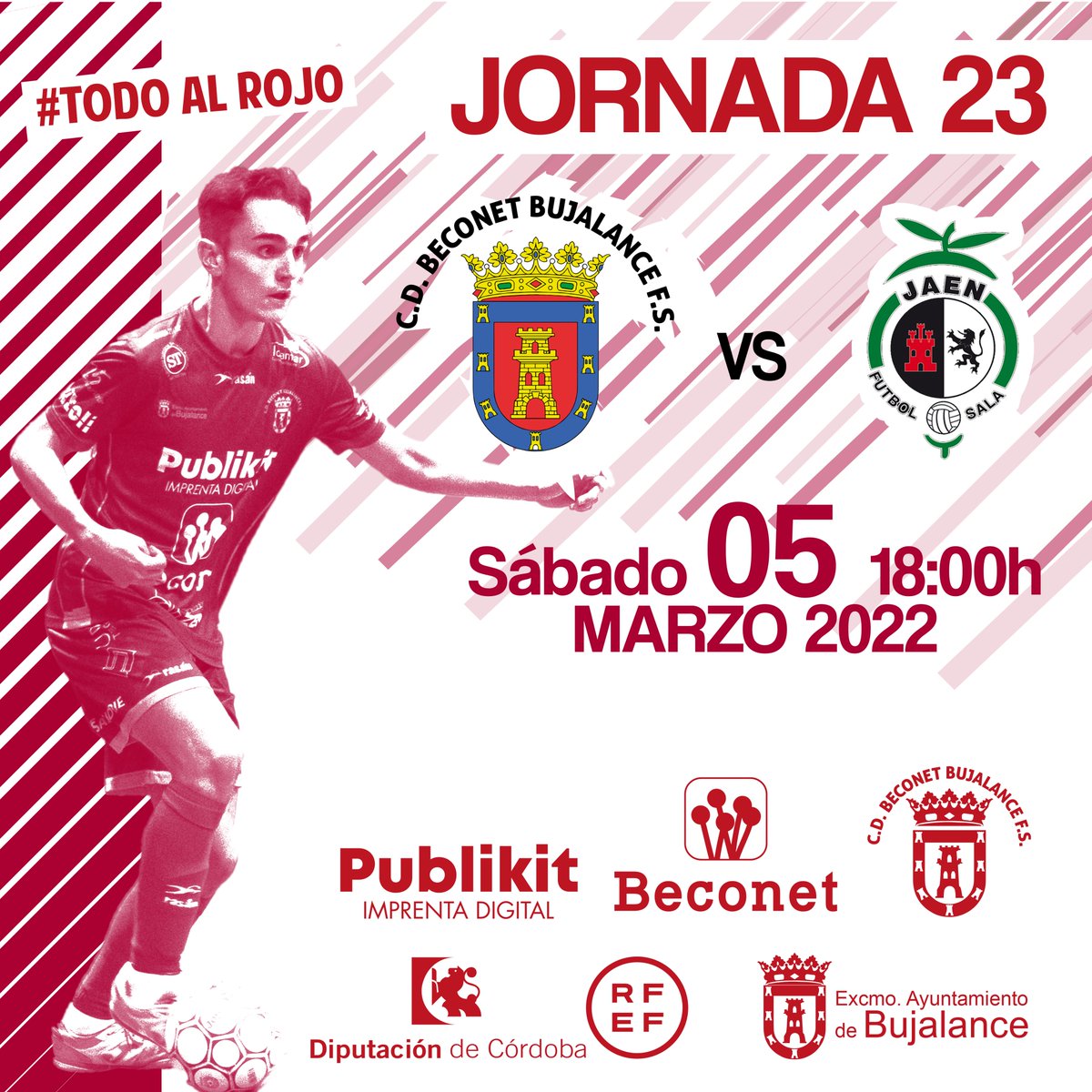 Que el carnaval no sea la excusa para perderte este partidazo

📅 05/03/2022
⏰ 18:00 H
🆚 <a href="/JaenFSbase/">Jaén Paraíso Interior FS Base</a>  
🏆 #GV2B - Jornada 23
🏟 Pabellón José Pérez Pozuelo (Bujalance)
🎟 Socios Gratis. General: 4€.
🖥 Canal 9 Beconet TV (youtube.com/watch?v=zS5ePM…)

#VamosBujalance #TodoAlRojo
